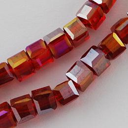 Honeyhandy Electroplate Glass Beads Strands, AB Color Plated, Faceted, Cube, Dark Red, 4x4x4mm, Hole: 1mm, about 100pcs/strand, 17 inch