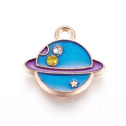 Honeyhandy Zinc Alloy Pendants, with Enamel and Rhinestone, Planet, Light Gold, Dodger Blue, 13x14x2mm, Hole: 1.2mm