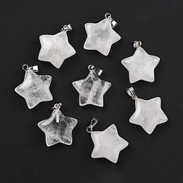 Natural Quartz Crystal Pendants, Pendants, with Platinum Tone Brass Findings, Star, 23.5x20.5x7.5mm