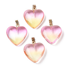 Honeyhandy Two Tone Spray Painted Glass Pendants, with Golden Plated Iron Bails, Heart, Champagne Yellow, 22x20.5x7mm, Hole: 6x2mm