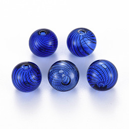 Honeyhandy Transparent Handmade Blown Glass Globe Beads, Stripe Pattern, Round, Blue, 12.5~13.5mm, Hole: 1~2mm