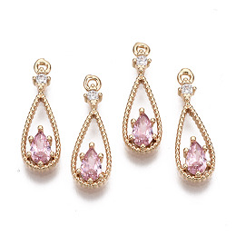 Honeyhandy Brass Micro Pave Cubic Zirconia Pendants, with Glass, Teardrop, Long-Lasting Plated, Light Gold, Pink, 17.5x6x2.5mm, Hole: 1mm