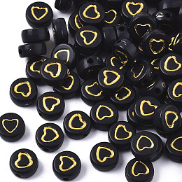 Honeyhandy Opaque Acrylic Beads, Flat Round with Heart, Golden Plated, Black, 7x3~4mm, Hole: 1.5mm