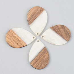 Honeyhandy Opaque Resin & Walnut Wood Pendants, Teardrop, Floral White, 35.5x24.5x3mm, Hole: 2mm