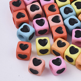 Honeyhandy Opaque Acrylic Beads, Cube with Black Heart, Mixed Color, 7x7x7mm, Hole: 4mm, about 200pcs/50g