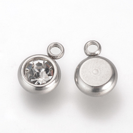 Honeyhandy 201 Stainless Steel Rhinestone Charms, Flat Round, Crystal, 8.5x6x3mm, Hole: 1.5mm