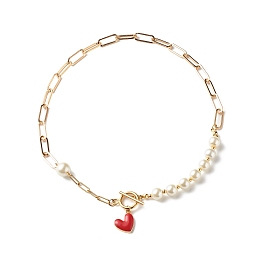 Honeyhandy Glass Pearl Beaded Necklaces, with 304 Stainless Steel Paperclip Chains and Heart Charms, Golden, Red, 16.73 inch(42.5cm)