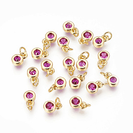 Honeyhandy Brass with Single Cubic Zirconia Charms, Single Stone Charms, Flat Round, Golden, Magenta, 6.5x4.5x2mm, Hole: 2.5~3mm