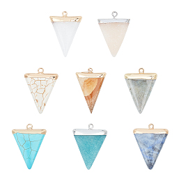 NBEADS Electroplate Natural & Synthetic Mixed Gemstones Pendants, Top Plated, with Iron Loops, Triangle, 30~34x23x5~5.5mm, Hole: 1.6mm; 8materials, 1pc/material, 8pcs/box