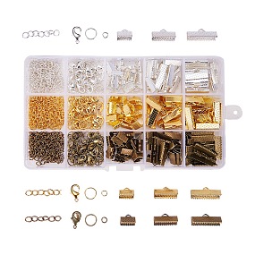 PandaHall Elite 420Pcs Jewelry Making Finding Kits of Ribbon Ends Lobster Claw Clasps Jump Rings Cord Ends with Twist Extender Chains In 3 Colors