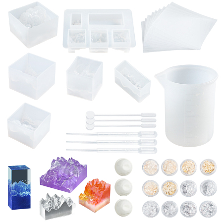 Olycraft DIY Resin Casting Molds Kits, with Mountain Style Silicone Molds. Silicone Measurring Cup, Plastic Stirring Rod & 2ml Dropper, Disposable Latex Finger Cots and Nail Art Stickers Decals, Clear, about 48pcs/set