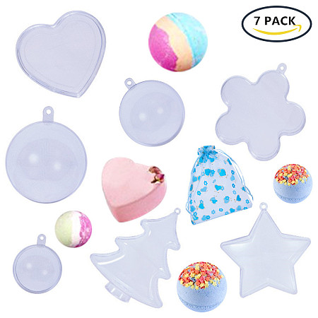 BENECREAT 7 Sets Bath Bomb Molds, DIY Bath Bomb Clear Plastic Christmas Ball Ornaments for Party Decorations With Organza Bags and Heat Shrinkage Bags