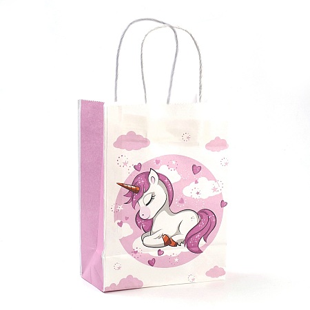 Rectangle Paper Bags, with Handles, Gift Bags, Shopping Bags, Unicorn Pattern, for Baby Shower Party, Plum, 27x21x11cm