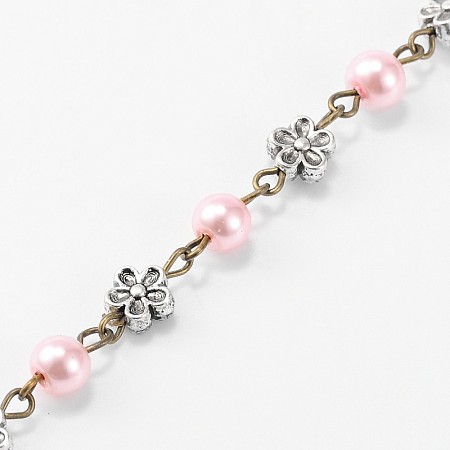 Handmade Round Glass Pearl Beads Chains for Necklaces Bracelets Making, with Tibetan Style Alloy Flower Links and Iron Eye Pin, Unwelded, Pink, 39.3 inches