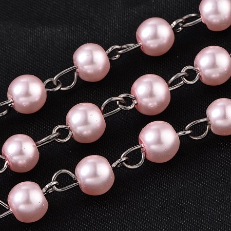 Handmade Glass Pearl Beaded Chains for Necklaces Bracelets Making, with Gunmetal Tone Brass Eye Pin, Unwelded, Pink, 39.3 inches; about 90pcs/strand