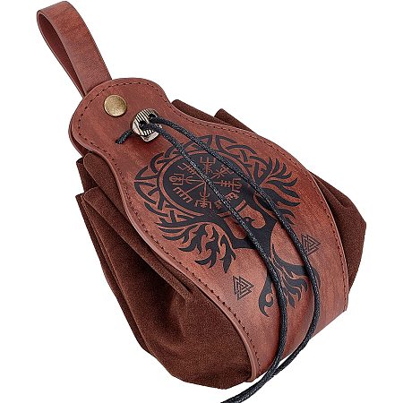 GORGECRAFT Leather Drawstring Pouch Medieval Vintage Waist Bag Phoenix Pattern Printed Portable Fanny Pack Fashion Brown Dice Coin Purse for Women Men Hiking Waist Packs Costume Accessories