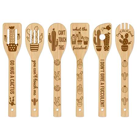 GLOBLELAND 6Pcs Bamboo Spoons & Knifes & Forks, Flatware for Dessert, Cactus Pattern, 60x300mm, 6 style, 1pc/style, 6pcs/set