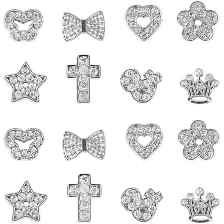 NBEADS 48 Pcs Mixed Shapes Alloy Rhinestone Slide Beads, 8 Types Crystal Crown Heart Butterfly Beads for DIY Craft Bracelet Wristbands Necklace Choker Jewelry Making