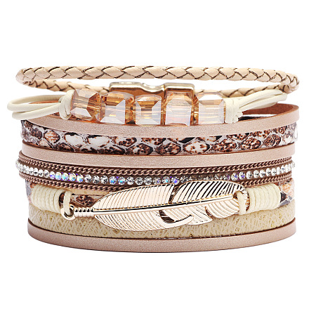 Honeyhandy PU Leather Multi-strand Bracelets, with Wax Polyester Cords, Alloy Magnetic Clasp and Rhinestone, Feather, Golden, Beige, 7-1/2 inch(19cm), 40mm