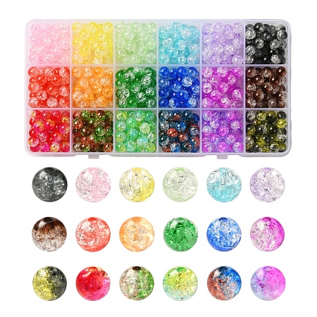 594pcs 18 Colors Transparent Crackle Acrylic Beads, Round, Mixed Color, 8x7.5mm, Hole: 1.8mm, 33pcs/color