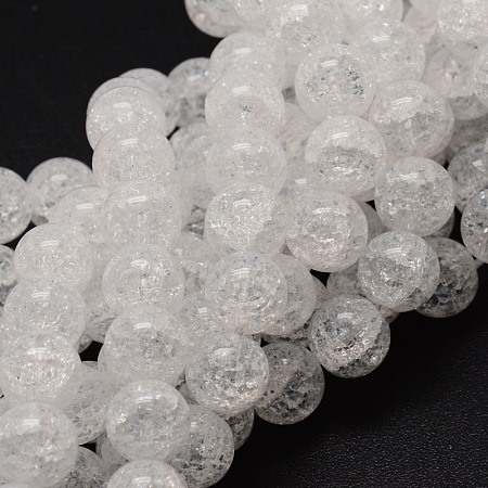 Honeyhandy Crackle Glass Round Beads Strands, White, 6mm, Hole: 1mm, about 62pcs/strand, 15.7 inch