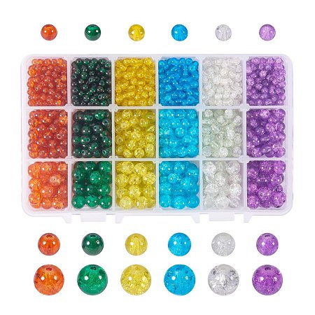 NBEADS 1 Box 6 Colors 1980PCS Assorted 3 Size Crackle Glass Beads, 4mm 6mm 8mm Baking Spray Painted Round Split Tiny Glass Loose Beads for Jewelry Making and Craft