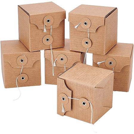 FINGERINSPIRE 12pcs Square Kraft Paper Box Gift Box with Sealing Button Design and Coiling Cotton Rope for Gifts, Wedding, Tea, Biscuits Packaging (7x7x7cm/2.8x2.8x2.8inch)