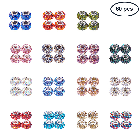 PandaHall Elite 1 Box 60 Pieces 15 Color 15x10mm Resin Pave Grade A Rhinestone European Beads with Silver Color Brass Double Cores Large Hole Rondelle Beads