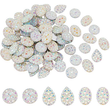 FINGERINSPIRE 90Pcs 3 Styles Mixed Shinny Colors Resin Druzy Cabochons Bottom Silver Plated Flat Back Dome Cabochons for Jewelry Making DIY Craft (Half Round & Teardrop & Oval)