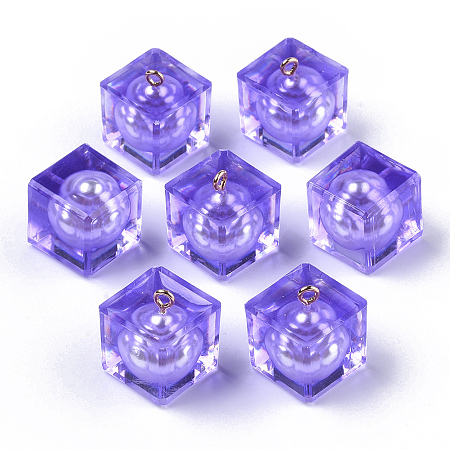 Arricraft Transparent Epoxy Resin Pendants, with ABS Plastic Imitation Pearl Beads Inside and Golden Plated Iron Loop, Cube, Medium Slate Blue, 19x16x16mm, Hole: 2mm