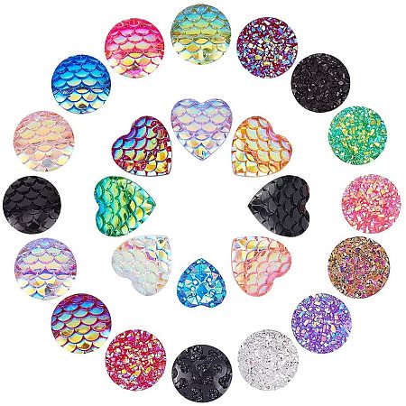 NBEADS 60g Mixed Shape Resin Cabochons, 24 Random Mixed Kinds of Mixed Color Heart Mermaid Tail Loose Mermaid Fish Scale Beads for Handcraft Accessories DIY Scrapbooking Phone Case Decor