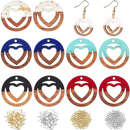 OLYCRAFT 172pcs Resin Wooden Earring Pendants Ring with Heart Resin Walnut Wood Earring Findings Vintage Resin Wood Statement Earring Findings for Necklace and Earring Making - 6 Colors