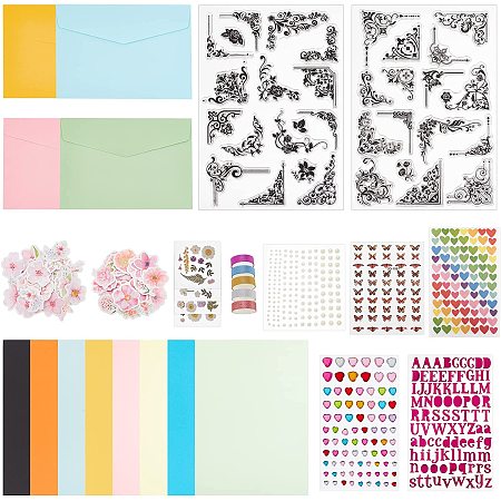 GLOBLELAND DIY Envelope Card Craft Kits Lace Clear Stamps Butterfly Flowers Number Stickers Envelope Cards Making DIY Scrapbooking Tools Kits Set