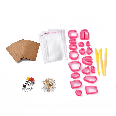 Honeyhandy DIY Earring Making Finding Kit, Including Plastic Nuts, Iron Earring Hooks & Jump Rings, Circle & Fan & Triangle & Oval Stainless Steel & Polymer Clay Earring Cutters, Plastic Clay Sculpting Tools, Plastic Bags, Hot Pink, 129Pcs/set