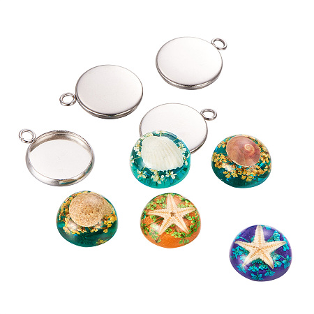 DIY Jewelry Pendant Making Sets, with Resin Dome Dried Flower Cabochons, 304 Stainless Steel Pendant Settings, Flat Round, Colorful, 19.5x16x2mm, Hole: 2.5mm; Cabochon: 13.5~14x7~8.5mm; 10sets/box