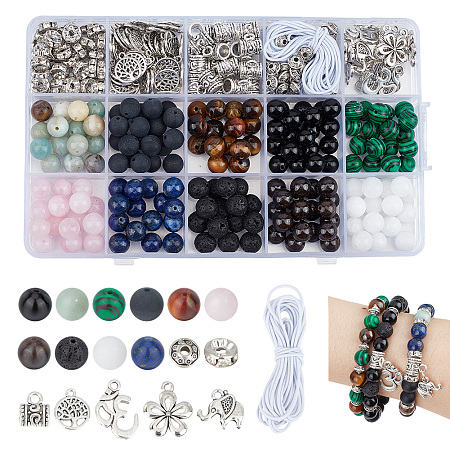 Nbeads DIY Bracelet Necklace Making Kit, Inlcuidng Natural & Synthetic Mixed Gemstone Round Beads, Flower & Elephant & Aum Alloy Tube Bails & Pendants, 366Pcs/box
