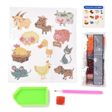 Honeyhandy DIY Animal Theme Diamond Painting Stickers Kits For Kids, with Diamond Painting Stickers, Rhinestones, Diamond Sticky Pen, Tray Plate and Glue Clay, Mixed Color, 20.5x18x0.03cm