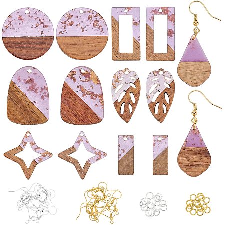 OLYCRAFT 86pcs 7-Style Teardrop Rectangle Resin Wooden Earring Pendants Resin Walnut Wood Earring Makings Kit with Earring Hooks Jump Rings for Necklace Jewelry Making - Purple