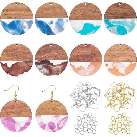 OLYCRAFT 130pcs Resin Wooden Earring Pendants Flat Round Resin Walnut Wood Earring Makings Kit Wood Earring Accessories with Earring Hooks Jump Rings for Earrings Making - 5 Colors