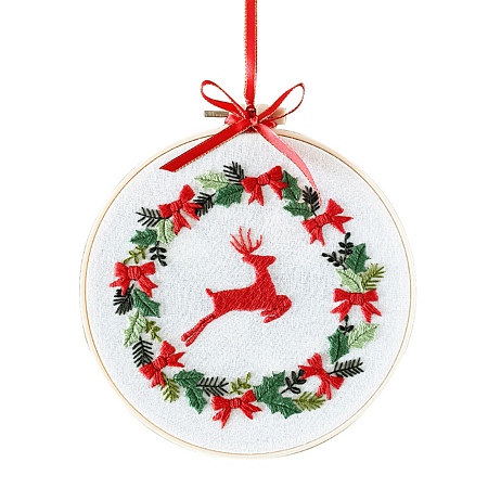 Honeyhandy Christmas Themed DIY Embroidery Cup Mat Sets, Including Imitation Bamboo Embroidery Frame, Iron Pins, Embroidered Cloth, Cotton Colorful Embroidery Threads, Reindeer Pattern, 30x30x0.05cm