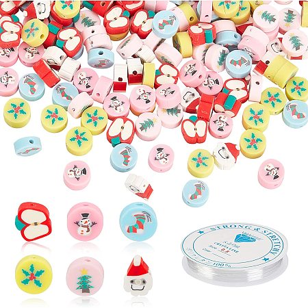 PandaHall 300pcs Christmas Clay Beads, Santa Claus Christmas Tree Snowman Stocking Coloful Beads Flat Round Soft Beads with 1 Roll Elastic Crystl Thread for Jewelry Craft Decor, 6 Styles