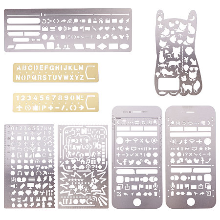 PandaHall Elite 8 Pcs Brass and Stainless Steel Drawing Painting Stencils Scale Template Sets Graphics Stencils for Scrapbooking, Card and Craft Projects