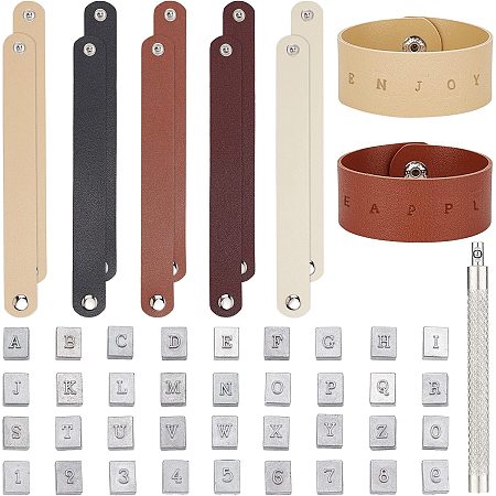 PandaHall Elite 36pcs Leather Stamping Tools Letter Number Stamping Punches 13x10mm Leathercraft Metal Stamp with 10pcs 5 Colors Snap Bracelets Blank Bracelet Making Kits for DIY Craft Jewelry Making