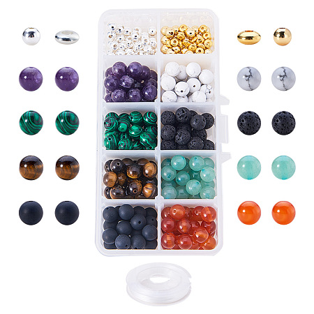 PandaHall Elite 200 Pcs Natural Gemstone Round Loose Beads with 100 Pcs Metal Spacer Beads and 0.8mm Stretchy Beading Elastic Wire 10m per Roll and 1 Pcs Iron Eye Beading Needle