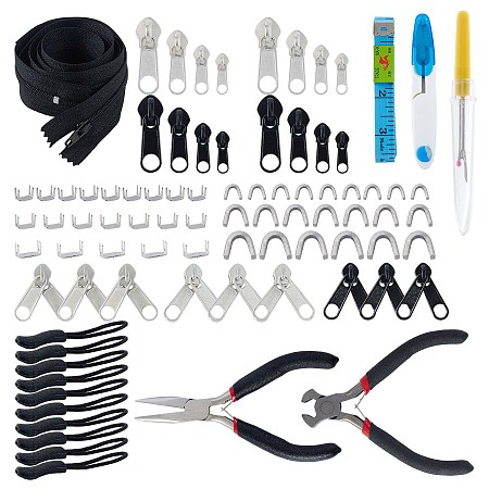 DIY Kit, with Carbon Steel Pliers, Tape Measure, Nylon Closed-end Zipper, Plastic Zipper Puller With Strap, Plastic Handle Iron Seam Rippers, Sewing Scissors, Zipper Replacement Repair Kit, Mixed Color, 125mm