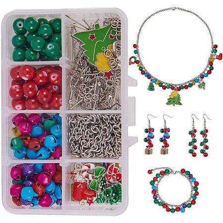 SUNNYCLUE DIY 1 Box 4 Sets Christmas Jingle Bells Jewelry Making Starter Kits Xmas Tree Holiday Stocking Bowknot Enamel Charms for Necklace Bracelet Earring Supplies, Instruction