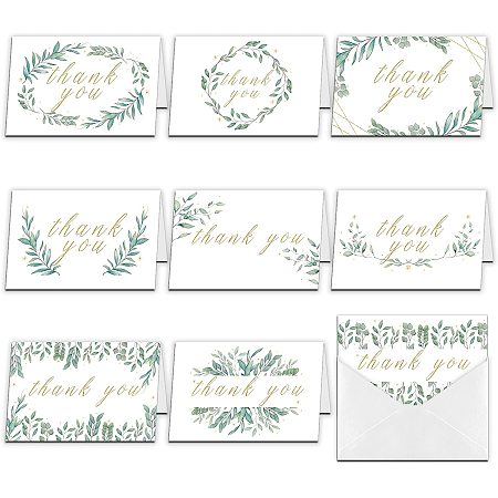 ARRICRAFT 9Pcs Thank You Cards Green Leaf Pattern Rectangle Thanks Theme Greeting Cards Set Thank You Notes with Envelopes for Birthday Thanksgiving Wedding Baby Shower 15x10cm