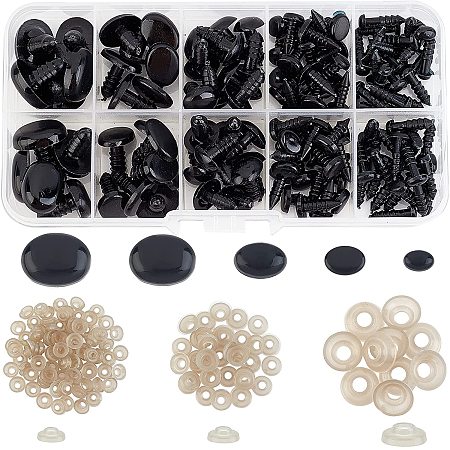 SUPERFINDINGS About 125pcs 5 Sizes Black Resin Doll Craft Eyes and Noses with Washers Oval Plastic Safety Eyes and Noses Set for Stuffed Animals Craft Doll and Teddy Bear