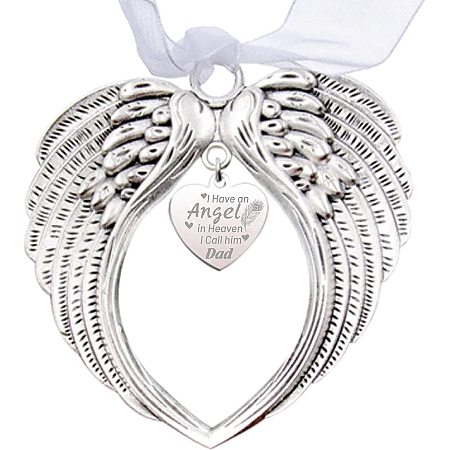 CREATCABIN 2Pcs Wing Memorial Christmas Ornament Angel Wing Memorial Gifts Heart Tree Hanging Pendants for Loss of Loved One Party Remembrance With Silk Ribbon-I Have An Angel in Heaven I Call Him Dad