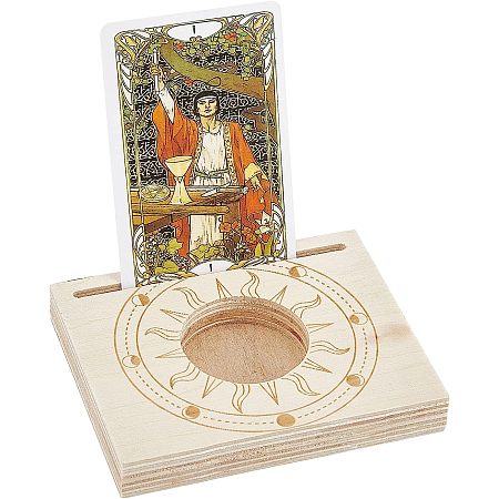 GORGECRAFT Wooden Tarot Card Stand Carved Candle Holder Moon Phase and Sun Pattern 10x8x1.5cm Rectangle Shaped Altar Display Stand Holder for Witch Divination Tools Tarot Decor Wiccan Supplies